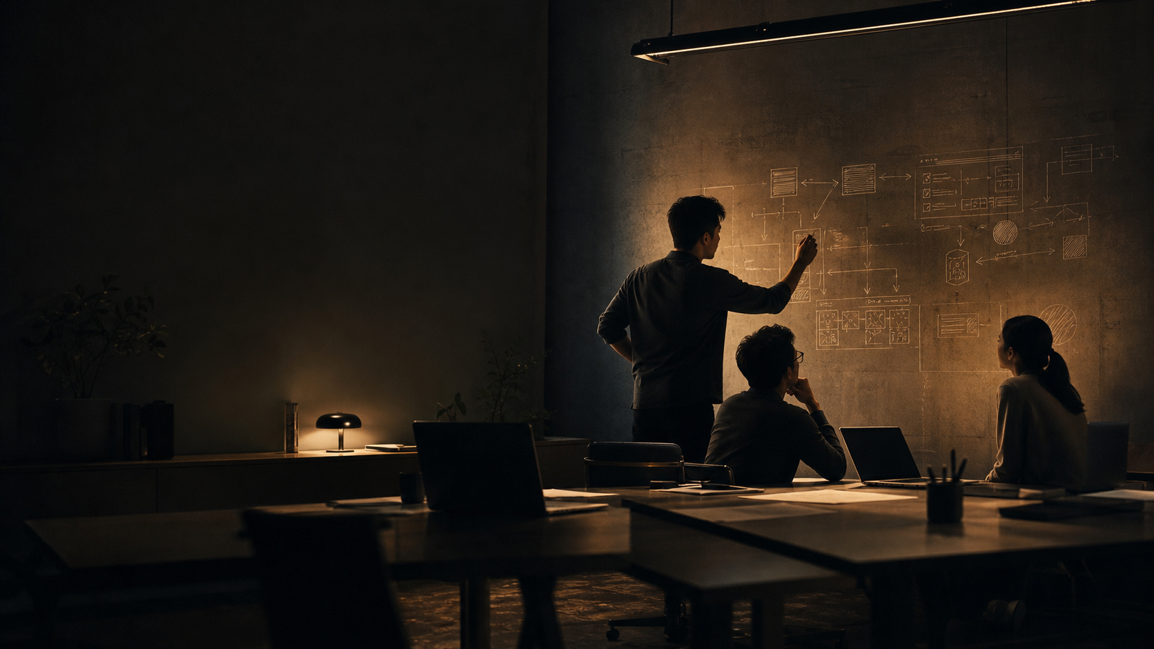 A team sketching a system diagram on a wall in a dark, warmly lit studio