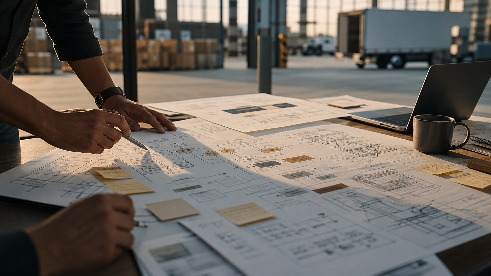 Hands reviewing system diagrams and workflow sketches at a logistics facility