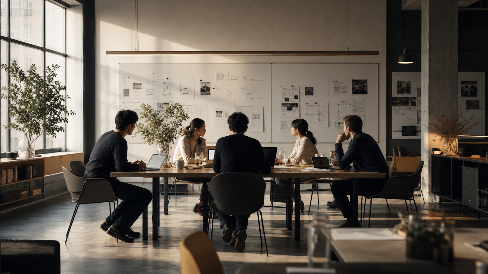 A team working through system plans around one table in a bright studio